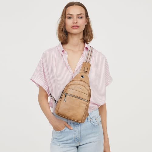 LATMAP 7L Sling Bag For Women Faux Leather Anti Theft Small Casual Daypack Backpack Fanny Pack Crossbody Chest Bags Purse Waterproof Tan - color: Tan