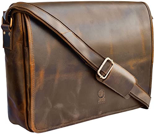 Leather Messenger Bag for Men - 16 Inch Full Grain Vintage Laptop Satchel | Crossbody Office Bag Fits 16" Laptop, Quick Access Pockets, Adjustable Shoulder Strap, Magnetic Closure, Travel Trolley Strap - color: Brown