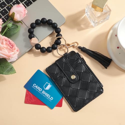 Snycler Solid color Beaded Wallet Wristlet Card Holder- Zip Card Wallet & Keychain with Tassel Accessory Gift - color: Black