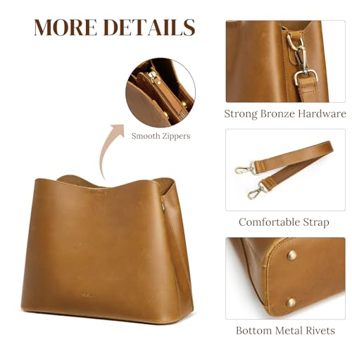 S-ZONE Leather Crossbody Bags for Women Medium Bucket Purses with 2 Straps | Top Grain Leather, Shoulder Handbag, Multi Compartments, Roomy Capacity, Bottom Rivets, for Travel or Daily - color: Light Brown