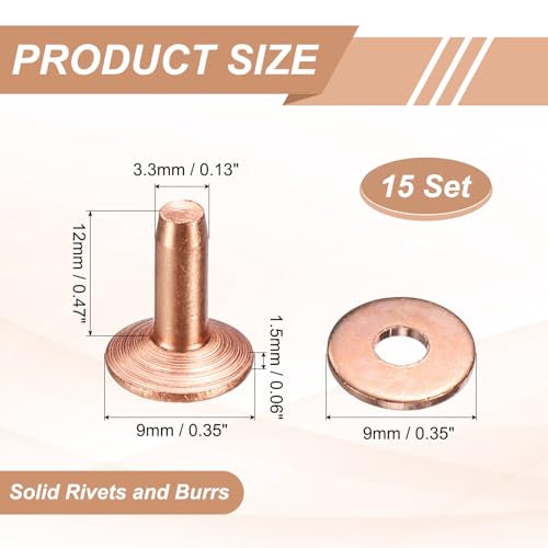 HARFINGTON 15Set Copper Rivets and Burrs Washers 9x3.3x12mm Dimpled Finish Solid Leather Rivet Fastener Studs Posts for Leather DIY Craft Belts Wallets Collars, Copper Tone - color: Copper Tone, size: 9x3.3x12mm