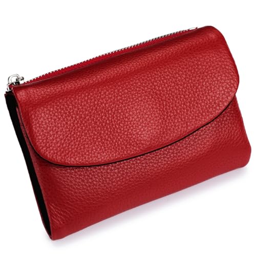 Premium Leather Wallet, Multi-Slot Card Holder with ID Window, Zipper Coin Purse, First Layer Leather (Red & Black) - color: Red & Black