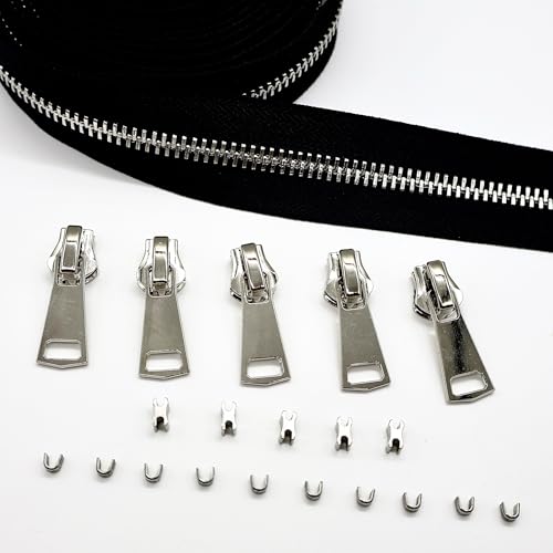 #8 Heavy Duty Metal Zipper by the Yard 3 Yards with 5 Sliders 10 Top Stops and 5 Bottom Stops for Tents Backpacks Outdoor Gear Cushion Covers DIY Pouches and Home Decor(Black/Silver Teeth) - color: Black/Silver Teeth