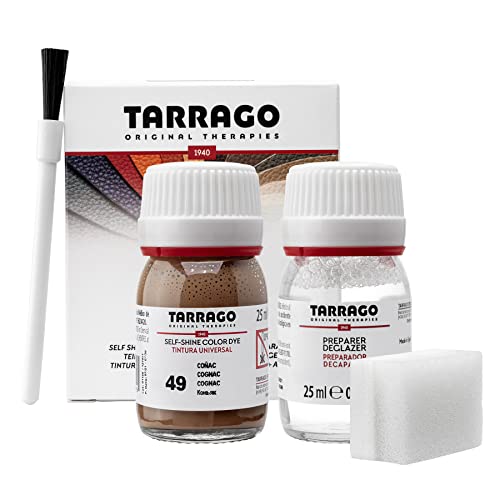 Tarrago Leather Dye Kit with Deglazer and Applicator - Restore & Recolor Shoes, Boots, Purses, Wallets, Jackets, and Furniture - Rich Pigment - 25mL - color: Cognac Brown #49