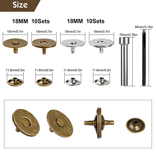 Sopnom 20 Sets 18MM Magnetic Buttons Clasp Snaps Fastener with Install Tool Magnetic Round Snaps DIY Craft Buttons Kit for Sewing, Craft, Purses, Bags, Clothes, Leather (Round) - color: 20Sets 18mm Ultra-Thin Round