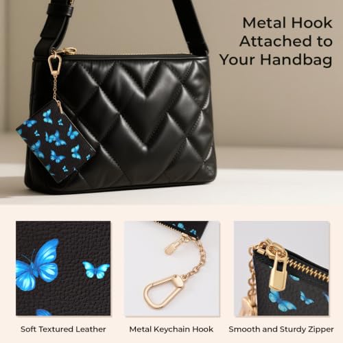 Blue Butterfly Keychain Coin Purse for Women, Small Change Pouch | Zipper Key Chain Purse, Little Tiny Zip Pocket, PU Leather, Travel Wallet for Girls, Cute Coin Holder, Key Ring, Women Gifts - color: Blue Butterfly