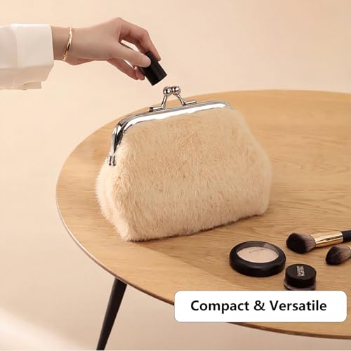 2 Pack Small Faux Fur Kiss-Lock Coin Purse for Women Soft Plush 3-Inch Mini Change Pouch with Keychain Tiny Coin Wallet