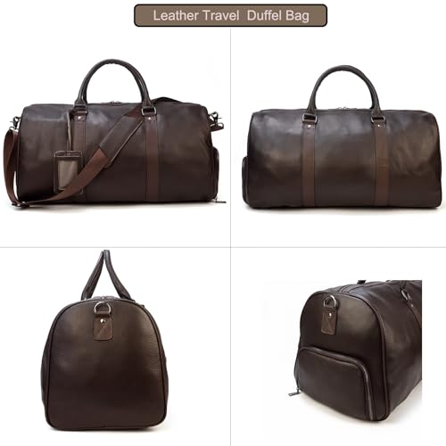 Leather Travel Bag Large Capacity Luggage Duffel Bag with Shoe Compartment, Men Women Weekend Shoulder Handbag for Holiday Business Trip (55cm-Brown) - color: 55cm-Brown