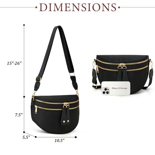 KKXIU Crossbody Bags for Women Nylon Travel Fanny Packs | Large Bum Bag | Spacious Trendy Shoulder Purse - color: Large-Black
