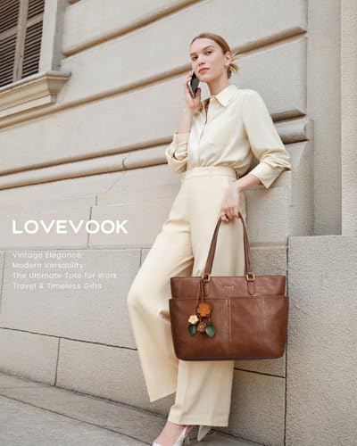 LOVEVOOK Work Tote Bag for Women with Floral Charm, Vintage Leather 15.6 Inch Laptop Bag with Large Cup Holder, Teacher Nurse Medical Professional Computer Bag, Office Briefcase Handbag Gift - color: Brown, size: 15.6 Inch-With Charm