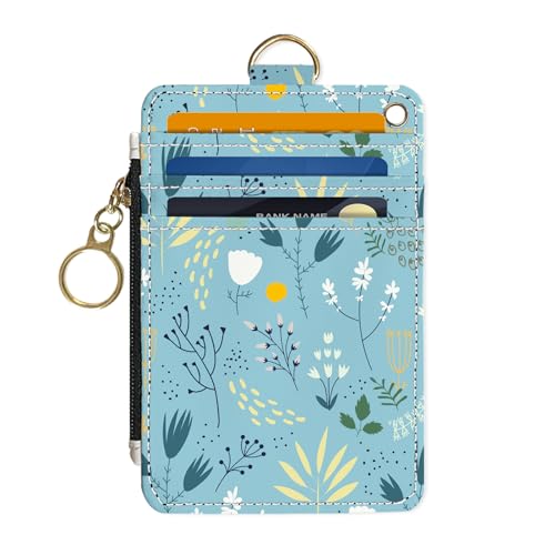 Slim Wallet Credit Card Holder, Blue Floral Print, RFID Wallet Women Cute Small Front Pocket Wallet With Zipper, PU Leather Thin travel RFID Blocking Card Case ID Window,Ladies Gifts - color: Blue Floral Print