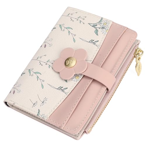 GAEKEAO Small Wallets for Women RFID Blocking Bifold Floral Vegan Leather Wallet Card Holder with ID Window & Zipper Pocket - color: C04-Pink