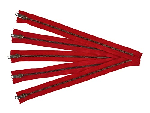 Antique Brass Metal Zippers in Red - #5 Closed-end Zippers - 14 Inch - Set of 5 Pieces by Craftbot - color: Red - Antique, size: 14 inch - 5 pc