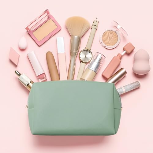 Kigeli Leather Makeup Bag PU Leather Cosmetic Pouch Wide-open Waterproof Toiletry Organizer with Dividers Travel Bag Birthday Valentine's Day Gifts for Women Friend Sister Daughter BFF(Green) - color: Green