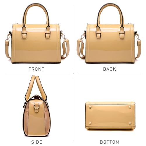 Shiny Patent Faux Leather Handbags Barrel Top Handle Purse Satchel Bag Shoulder Bag for Women - color: Beige