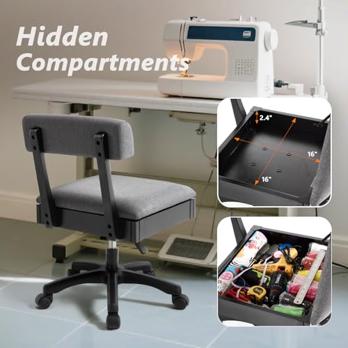 Lessmore Adjustable Height Sewing and Crafting Chair with Wheels, Back Support, and Under Seat Storage - Perfect for Your Craft Room Furniture and Craft Machines (Grey) - color: Solid-Grey