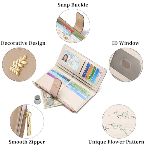 GAEKEAO Womens Wallet Slim Thin RFID Blocking Floral Vegan Leather Card Holder Bifold Long Ladies Wallet with Zipper Pocket - color: Khaki