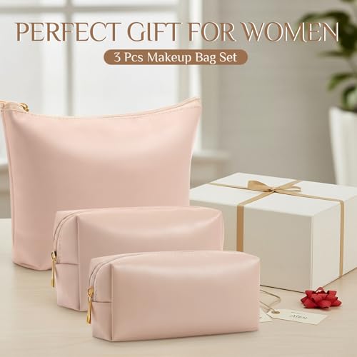 Kigeli 3 Piece Leather Makeup Bag Set Graduation Women Gifts PU Leather Makeup Toiletry Bag Bridesmaid Cosmetic Pouch Small Aesthetic Travel Purse for Wedding Birthday Women Gifts(Pink) - color: Pink