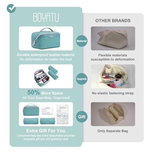 BOYATU Travel Makeup Bag Cosmetic Bags for Women: 3 Pcs Set Make up Bag | Large Capacity Waterproof Vegan Leather Organizer Bags with Compartments - Lay flat Toiletry with Handle (M-75Blue) - color: M-75Blue