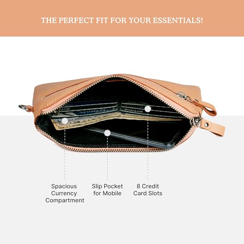 Leather Wristlet Wallet for Women Clutch Handbag Purse with Cell Phone Slot | Genuine Top Grain Leather, 8 Credit Card Slots, Detachable Strap, YKK Zipper, Gifts for Women - color: Peach Nappa