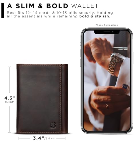 SERMAN BRANDS Trifold Wallet for Men - RFID Blocking Full Grain Leather, 11 Card Slots & ID Window, Slim Everyday Carry, Durable Stitching, Gift for Him - color: Texas Brown Denver