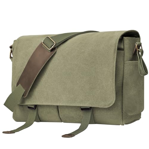 Messenger Bag for men Laptop Bag UnisexRetro Canvas Bag14-15.6 inches Casual single shoulder bag For Work College Travel - color: Army Green