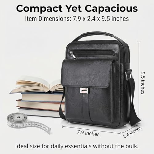 Crossbody Bag for Men, PU Leather Shoulder Messenger Bag with Handle - color: Deep Black