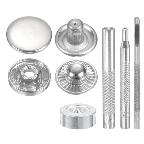 HARFINGTON 24Set Leather Snaps Fasteners Kit 17mm Dia Brass Press-Stud Cap Button 2.76" Length Metal Snap Buttons with 4 Install Tools for Coat Bag Leather Marine Boat Canvas, Silver - color: Silver, size: 17mm