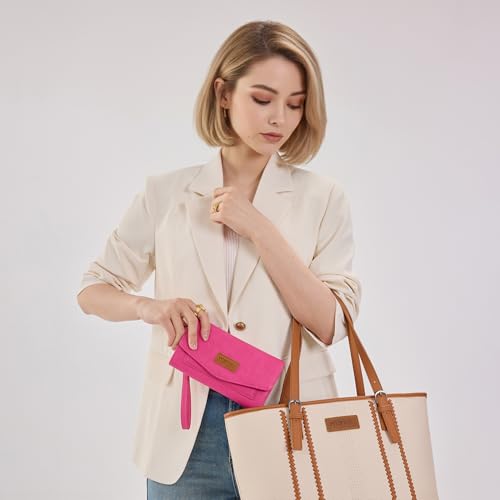 Montana West X Wrangler Womens Wallet Large Capacity Long Compact | Womens Wallet Card Cases & Money Organizers for Ladies Female Zipper Wallet Wristlet with Coin Purse and Wrist Strap - color: Trifold-Hot Pink