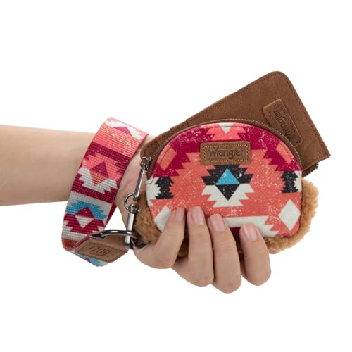 Wrangler Western Keychain Wristlet Wallets for Women Dual Pouch Wristlet Sherpa Coin Purse for Women Keychain Card Holder WG166-W0051BR - color: Multicolor