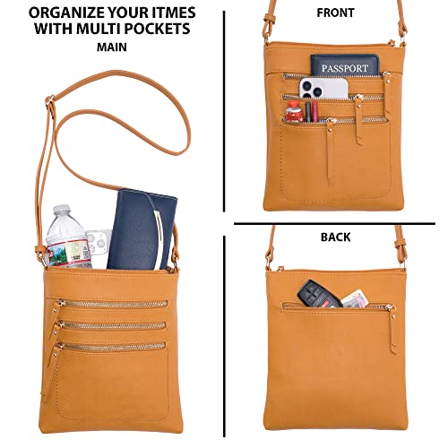 Solene Crossbody Bag Functional Multi Pocket Messenger Purse Top Zip Closure Shoulder Handbag With Adjustable Strap - color: Mustard