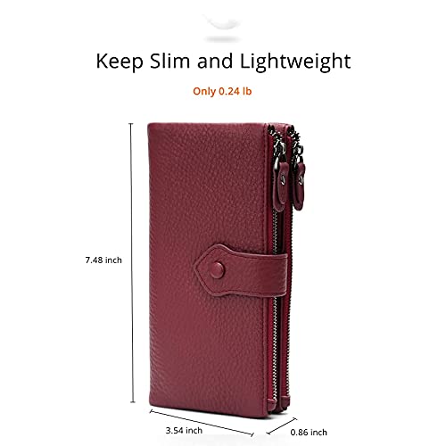 Bveyzi Women Soft Leather RFID Blocking Bifold Slim Wallets Ladies Credit Card Holder Double Zipper Pocket - color: Wine Red
