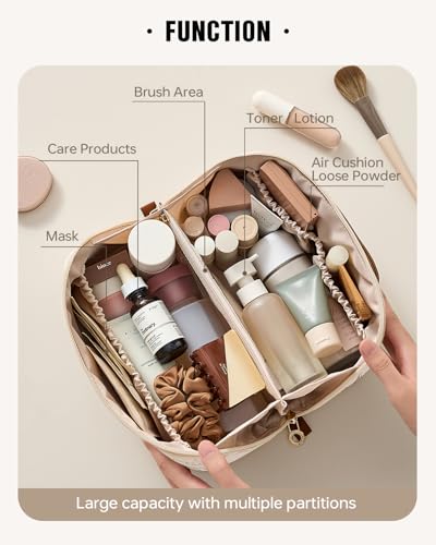EACHY Travel Makeup Bag, Floral Cosmetic Bag for Women, Beige, Medium - color: AA-Beige, size: Medium