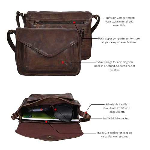 Ozora Genuine Leather Crossbody Purse for Women, Shoulder Bag - color: Brown Wash