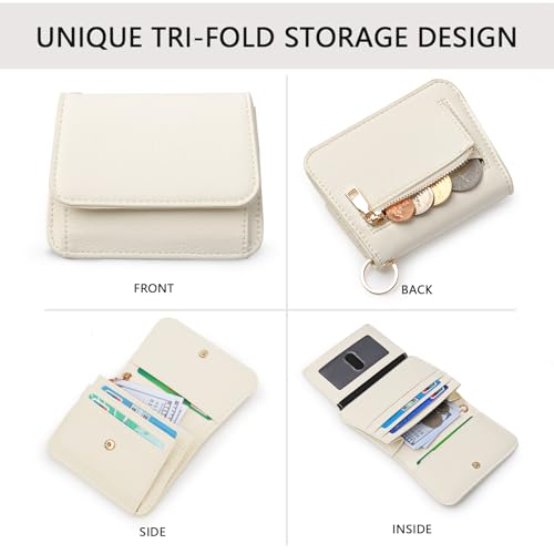 Keychain Wallet for Women,RFID Wristlet Wallet with Beaded Strap | Tri-Fold Design,6 Card Slots,ID Window,Zipper Coin Pocket,Lightweight Carry - color: Beige