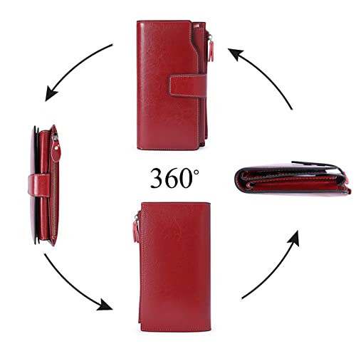SENDEFN Women Leather Wallets RFID Blocking Clutch Card Holder Ladies Purse with Zipper Pocket - color: A-Dark Red