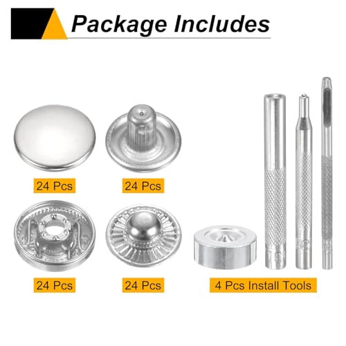 HARFINGTON 24Set Leather Snaps Fasteners Kit 20mm Dia Brass Press-Stud Cap Button 2.76" Length Metal Snap Buttons with 4 Install Tools for Coat Bag Leather Marine Boat Canvas, Silver - color: Silver, size: 20mm