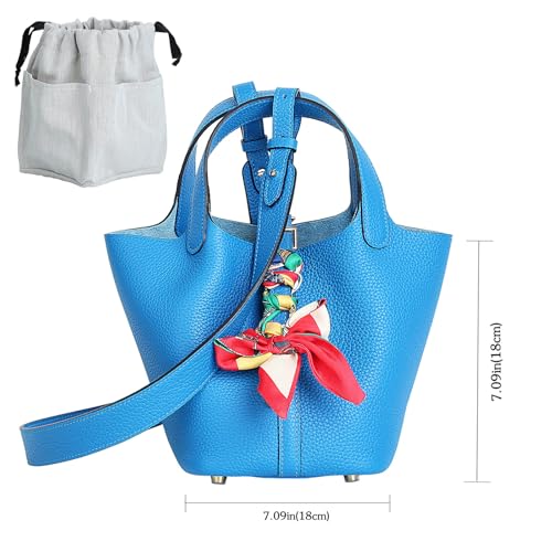 Genuine Leather Bucket Bag with Shoulder Strap, Organizer Insert & Silk Scarf for Women Handbag Tote Bag - color: Electric Blue-gold