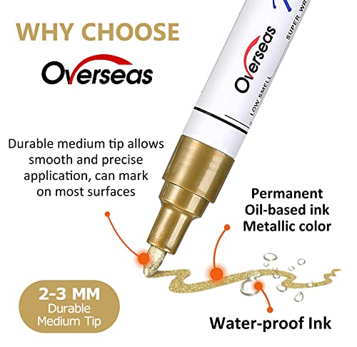 Overseas Gold Paint Pens Permanent Markers, 3 Oil Based Paint Makrers | Medium Tip, Waterproof, Quick Dry, Fade Resistant, Bright Colors Marker Pen for Rubber, Metal, Wood, Plastic, Rock, Canvas - color: Gold