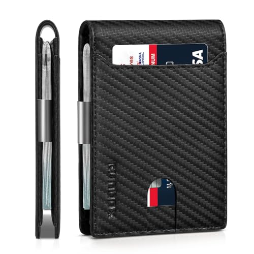 RUNBOX Slim Wallet for Men - RFID Blocking Leather Bifold with Money Clip | Minimalist Front Pocket Wallet Holds 11 Cards,Slim Thin Design,RFID Blocking Protection, Practical Birthday Gifts for Men - color: Matt Carbon Black