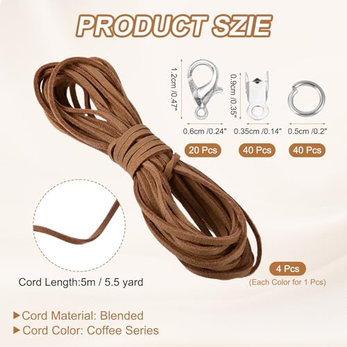 MECCANIXITY 4 Pcs Suede Cord, 5.5 Yards Flat Faux Leather Cord Soft Durable Leather String with Silver Closed-Mouth Ring Rope Clip Lobster Clasps for Art Craft, Coffee Series - color: Coffee Series