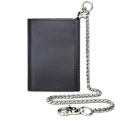 boshiho Genuine Leather Bifold Chain Wallet for Men RFID Blocking - color: Plain Leather Black