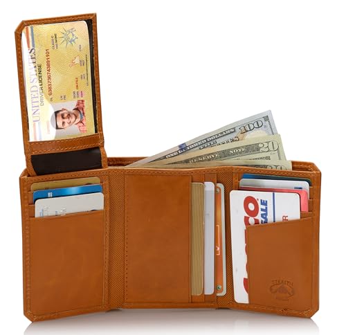 Stealth Mode RFID Blocking Leather Trifold Wallet for Men – Mens Trifold Leather Wallet with Flip Up ID Window, 11 Card Slots, Hidden Pockets, Divided Billfold – Gift Box Included (Light Brown Crunch) - color: Light Brown Crunch