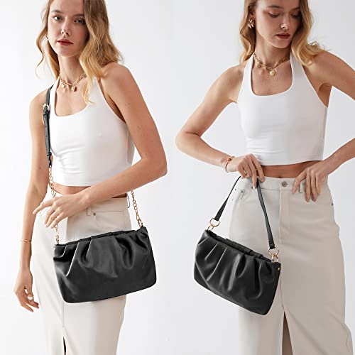 Women Ruched Shoulder Handbag Cloud Pouch Hobo Bag Convertible Clutch Soft Vegan Leather Cross body Bag - color: Black