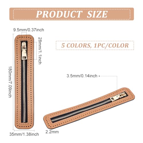 WADORN 5 Colors PU Leather Zipper 7 Inch/18cm Durable Leather Zipper Frame | Handmade Sewing Zippers with Pre-Cut Holes, DIY Crochet Purse Bag Zippers for DIY Bag Clothing Backpack Sewing Repair