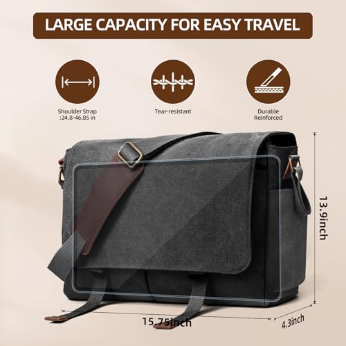 Messenger Bag for men Laptop Bag UnisexRetro Canvas Bag14-15.6 inches Casual single shoulder bag For Work College Travel - color: Black
