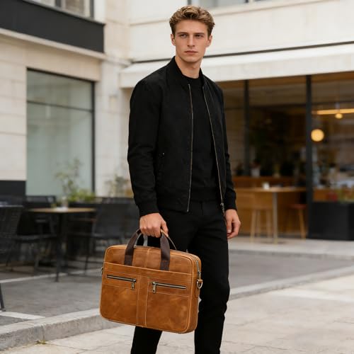 Genuine Leather Briefcase for Men, Laptop Computer Shoulder Bag With Strap, 15.6 Inch Business Travel Work Handbag - color: 3316 Yellow Brown