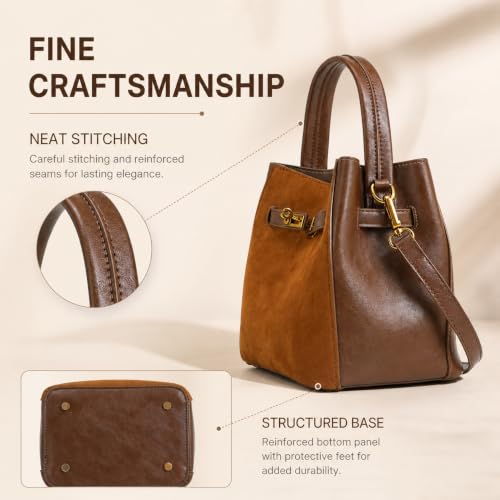 Ladies' wallet, light luxury bucket bag, lychee patterned handbag, high-end sense, one shoulder versatile crossbody bag - color: Suede Brown