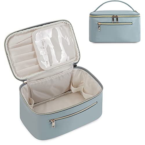 Wandering Nature Makeup Bag, Travel Make Up Organizer Cosmetic Brush Bags Case for Women in Vegan Leather, Grayish Blue, Patent Pending | Portable Make Up Essentials Organizer, Brush Bags for Skincare Cosmetic Lipstick, Eco Vegan Leather, Grayish Blue - c