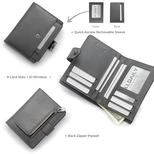 Alldaily Small Slim RFID Blocking Leather Wallet for Women, Bifold with 10 Card Slots and Coin Pocket (Grey) - color: Grey